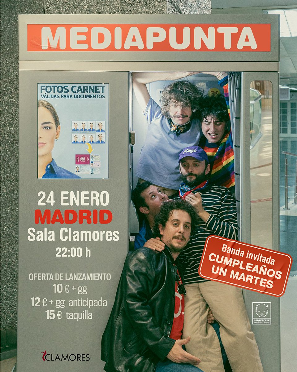 Subterfuge Records (@subterfugerec) on Twitter photo ¡¡<a href="/memediapunta/">MEDIAPUNTA</a> vuelven a Madrid!!
El quinteto zaragozano estarán el viernes 24 de enero en <a href="/salaclamores/">Sala Clamores</a>
👉🏻 22h
🎟 wegow.com/es/conciertos/… ¡¡<a href="/memediapunta/">MEDIAPUNTA</a> vuelven a Madrid!!
El quinteto zaragozano estarán el viernes 24 de enero en <a href="/salaclamores/">Sala Clamores</a>
👉🏻 22h
🎟 wegow.com/es/conciertos/…