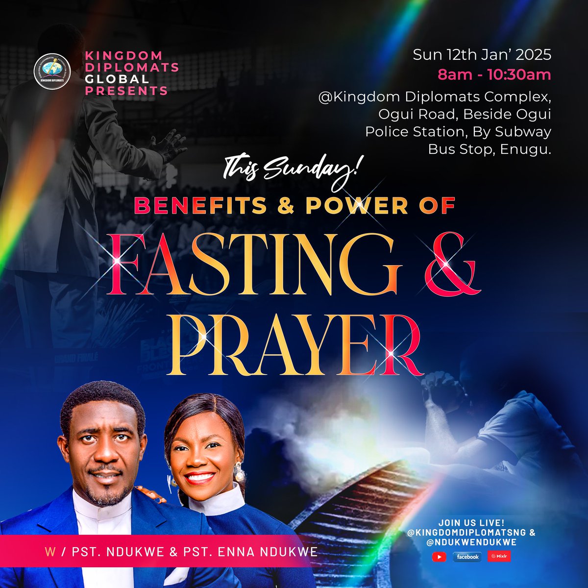 KDIPLOMATSNG's tweet photo. Join us this Sunday as we continue teachings on: “The Benefits and Power of Fasting and Prayer.”

It's your season to break forth!

Share this Flyer to invite someone ✨

#kingdomdiplomatsglobal
#sundayservice
#januaryfast https://t.co/mAh09wwzhS