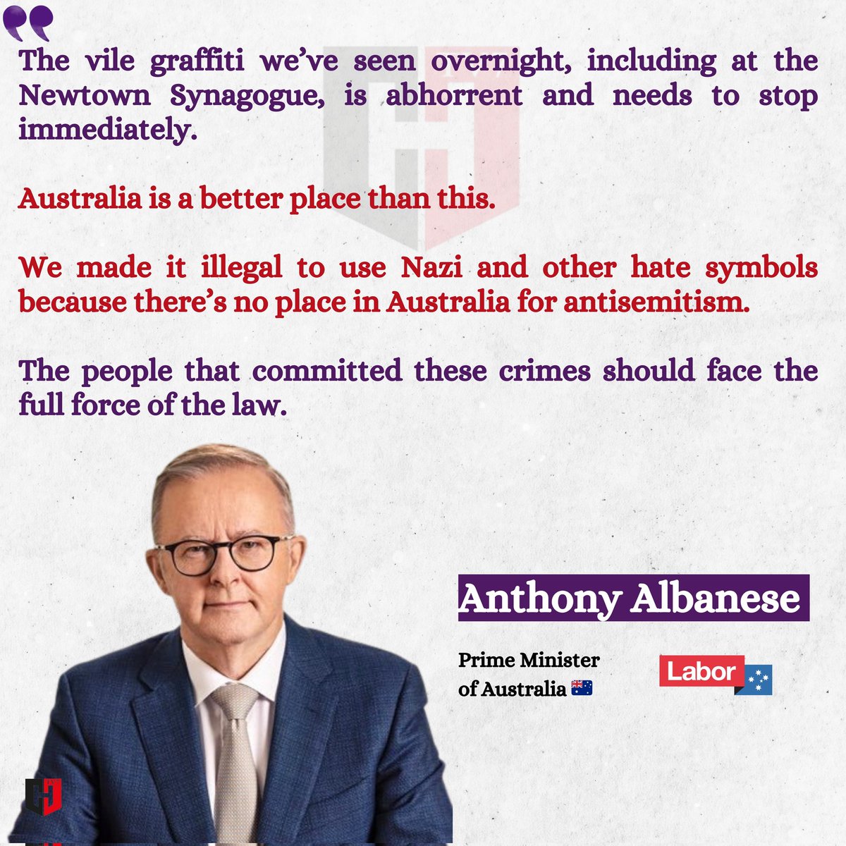 HTV7English's tweet photo. Australia is a better place than this! @AlboMP 
#StopAntisemitism 
#NoPlaceForHate 
#UnitedAgainstHate  
#ZeroToleranceForHate 
#AustraliaAgainstHate 
#JusticeForAll 
#EndAntisemitism 
#RespectAndUnity 
#CondemnHateCrimes 
#AnthonyAlbanese #AlboMP #htv7english #LABOR #laborparty https://t.co/iZJ4aXdO8C