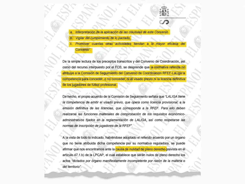 Resolución del Caso Olmo (1/3)

Página 14.

Error de bulto de LaLiga y de la RFEF.

- La Comisión de Seguimiento RFEF-LaLiga no tiene competencia sobre licencias. 

- "Nos encontramos ante la causa de nulidad de pleno derecho" 

elespanol.com/deportes/futbo…