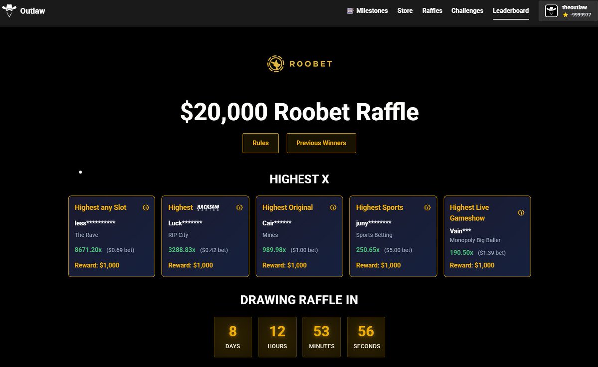 outlaw's tweet photo. 🚨8 days left of this months $15,000 + $5,000 highest X leaderboard raffle! 30 winners of $500!

❗️See a highest x Multi you think you can beat? take advantage and snipe an extra $1000!

❗️Calender Rewards not your thing? No problem, ill DOUBLE your rank up, and pay it out in FULL for you.

❗️Been wagering on slots recently? Claim a Wager Milestone bonus!

It's never been a better time to join code: outlaw on #Roobet !

LIKE RT COMMENT USERNAME, GIVING 5 NEW OUTLAW USERS $100 EACH TO KICKSTART THERE ROOBET RUN!