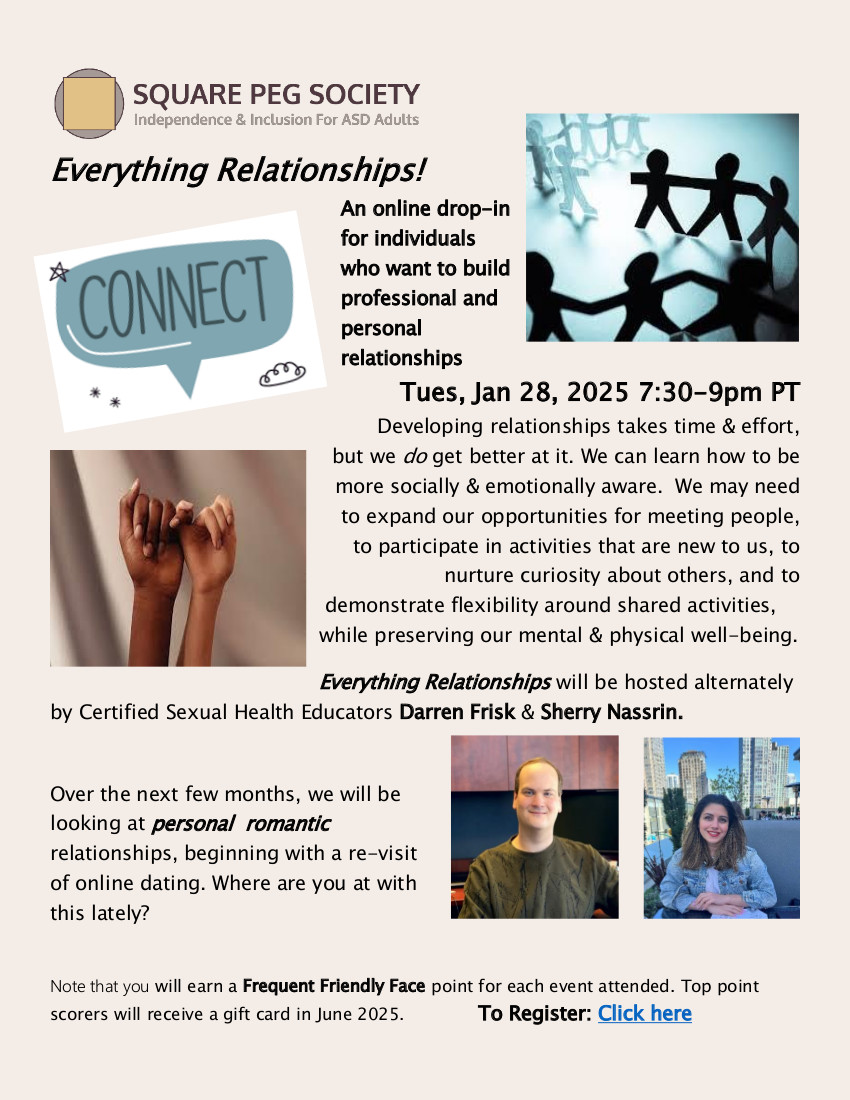 SquarePegSo's tweet photo. Everything Relationships! - Tuesday, January 28, 2025 7:30-9pm PT

A monthly online drop-in for individuals who want to build relationships, both professionally and personally.

Please register at the link below:
https://t.co/2tcFjWk6th https://t.co/6CBgbfLRpw