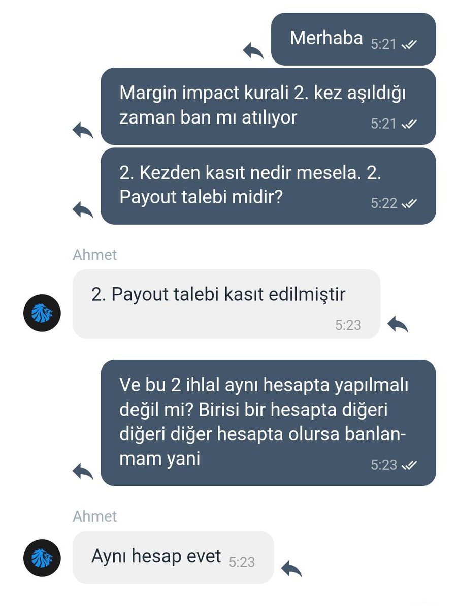 Arkadaşlar Merhaba
.@LionFunded firması 7k$'lık payout talebimi reddedip hesabımı da banladı.

Sebep olarak Margin Rule kuralını ikinci kez ihlal ettiğimi söylediler. Fakat bu hesapta İLK KEZ kural ihlali yaptım. Buna karşılık önceden trade ettiğim 10k'lık hesapta da Margin Rule