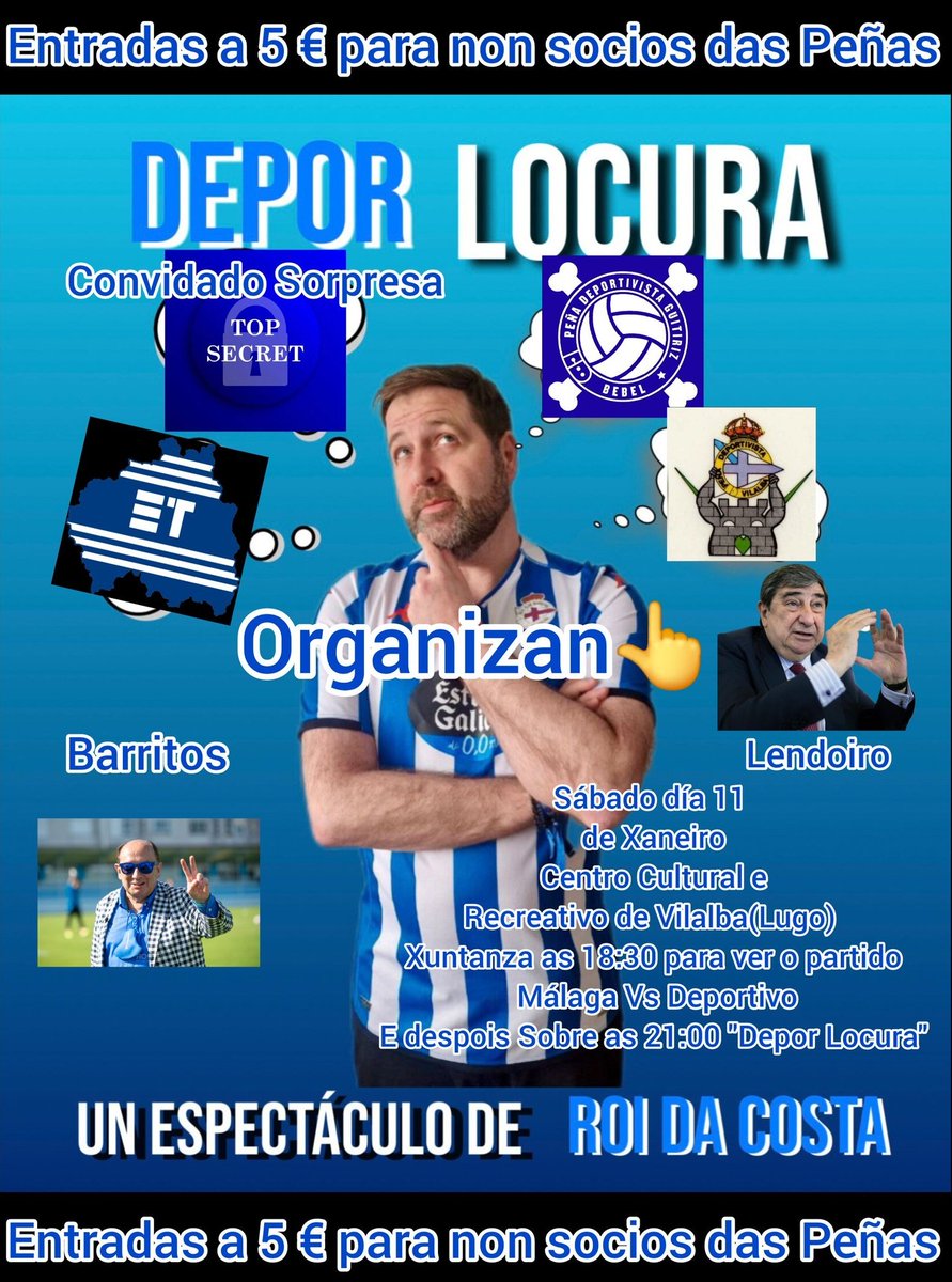 FeRomeroDP's tweet photo. Hoxe o @GALICIANGOLES estará no Centro Cultural e Recreativo de Vilalba co #DéporLocura do gran @Roi_da_costa. Eventazo que organizan a decana @pdepor_vilalba, @PenhaBebelGuiti e @TChaBranquiazul! Anécdotas e risas garantidas con Lendoiro, Barritos e algún máis... ¡Escoitámonos! https://t.co/R4PJOFjXuR