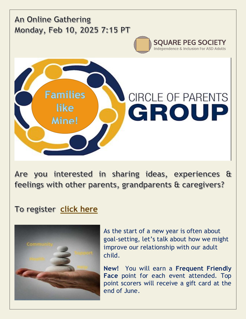SquarePegSo's tweet photo. Families Like Mine
Monday, Feb 10, 2025 7:15 PT

As the start of a new year is often about goal-setting, let’s talk about how we might improve our relationship with our adult child.

To register click here : https://t.co/hAStvnYojP https://t.co/2URCz0PB5G