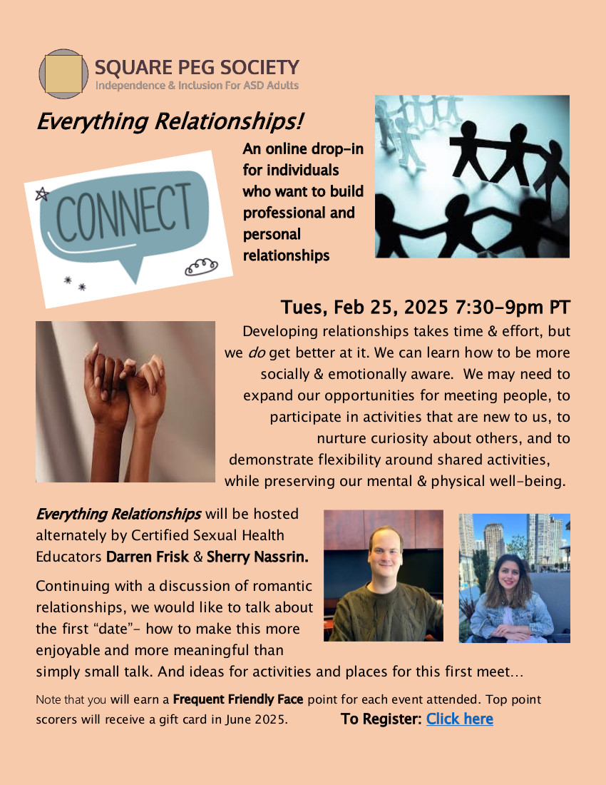 SquarePegSo's tweet photo. Everything Relationships! - Tuesday, February 25, 2025 7:30-9pm PT

A monthly online drop-in for individuals who want to build relationships, both professionally and personally.

Please register at the link below:
https://t.co/1PrcfIGqCG https://t.co/kzaCpRNuWj