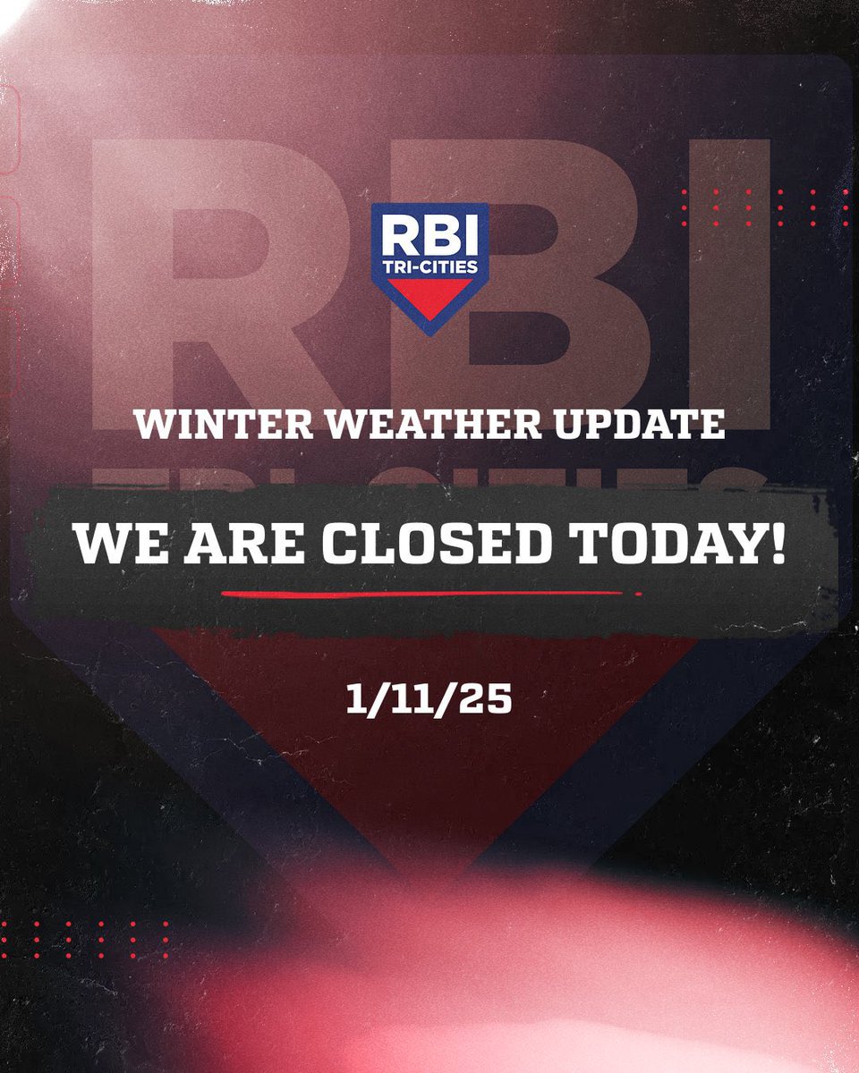 Due to the continued impact of winter weather, RBI Tri-Cities will be closed today, Saturday, January 11, 2025. Safety is our top priority, and we appreciate your understanding during this time. 

Stay warm and safe! We look forward to seeing you again soon! 

🔴❄️🔵