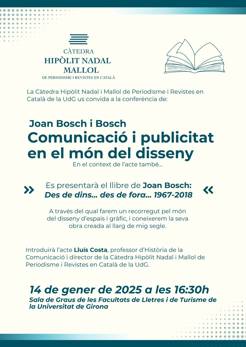 Lluís Costa (@costalluis) on Twitter photo El proper dimarts us esperem a la <a href="/univgirona/">Universitat de Girona</a>. Transitarem per 50 anys de la història del nostre país a través de la mirada i l’obra del dissenyador d’espais i gràfic, Joan Bosch. L’acte l’organitza la <a href="/CatedraHNadal/">Càtedra Hipòlit Nadal de Revistes en Català</a>, <a href="/revistesAPPEC/">APPEC · Editors de Revistes i Digitals</a>, <a href="/COACatalunya/">Col·legi d’Arquitectes de Catalunya</a>, <a href="/UdGLletres/">Facultat de Lletres UdG</a>, <a href="/UdGFacTurisme/">Facultat de Turisme</a> El proper dimarts us esperem a la <a href="/univgirona/">Universitat de Girona</a>. Transitarem per 50 anys de la història del nostre país a través de la mirada i l’obra del dissenyador d’espais i gràfic, Joan Bosch. L’acte l’organitza la <a href="/CatedraHNadal/">Càtedra Hipòlit Nadal de Revistes en Català</a>, <a href="/revistesAPPEC/">APPEC · Editors de Revistes i Digitals</a>, <a href="/COACatalunya/">Col·legi d’Arquitectes de Catalunya</a>, <a href="/UdGLletres/">Facultat de Lletres UdG</a>, <a href="/UdGFacTurisme/">Facultat de Turisme</a>