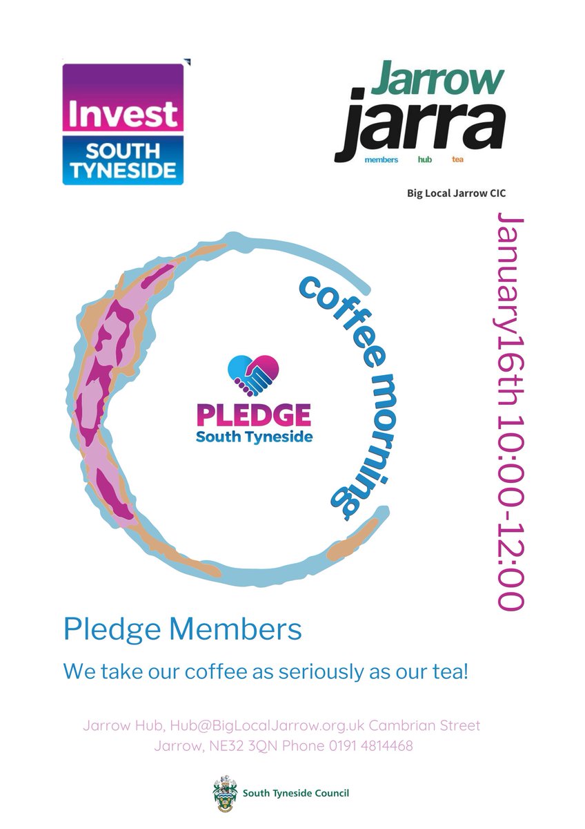 JarrowBigLocal's tweet photo. We are delighted to host a #STPledge coffee morning next week. Join us, we blend amazing tea and offer very decent coffee. https://t.co/TDk2ImNZMV https://t.co/B1awKEc6b4
