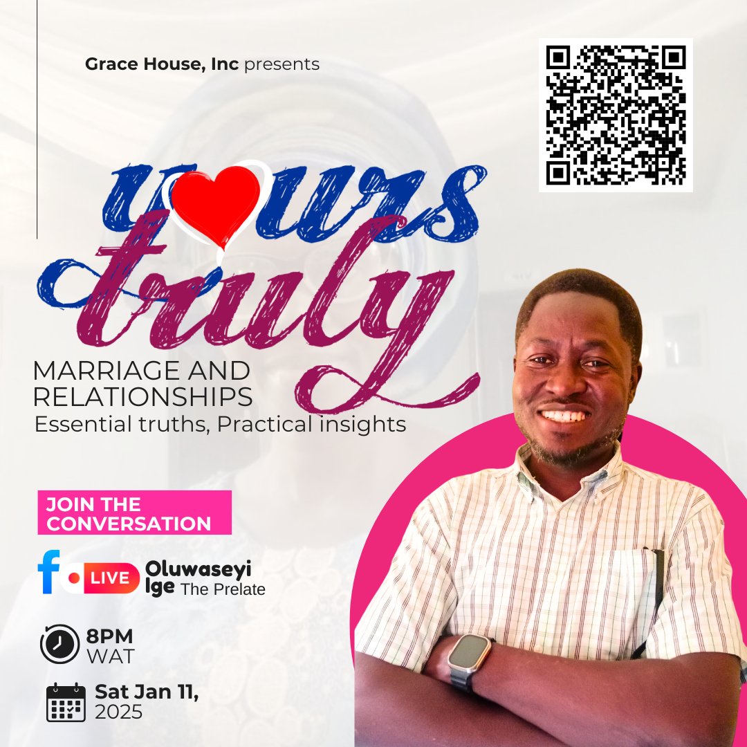🌟 Join Us This Saturday! 🌟  

Get ready for an engaging live session of Yours Truly, the marriage and relationship talk you’ve been waiting for! 💍❤️  

📅 This Saturday  
⏰ 8 PM  WAT
📍*Live on this Facebook page! <a href="/Oluwaseyi/">mine esosuakpo</a> Ige