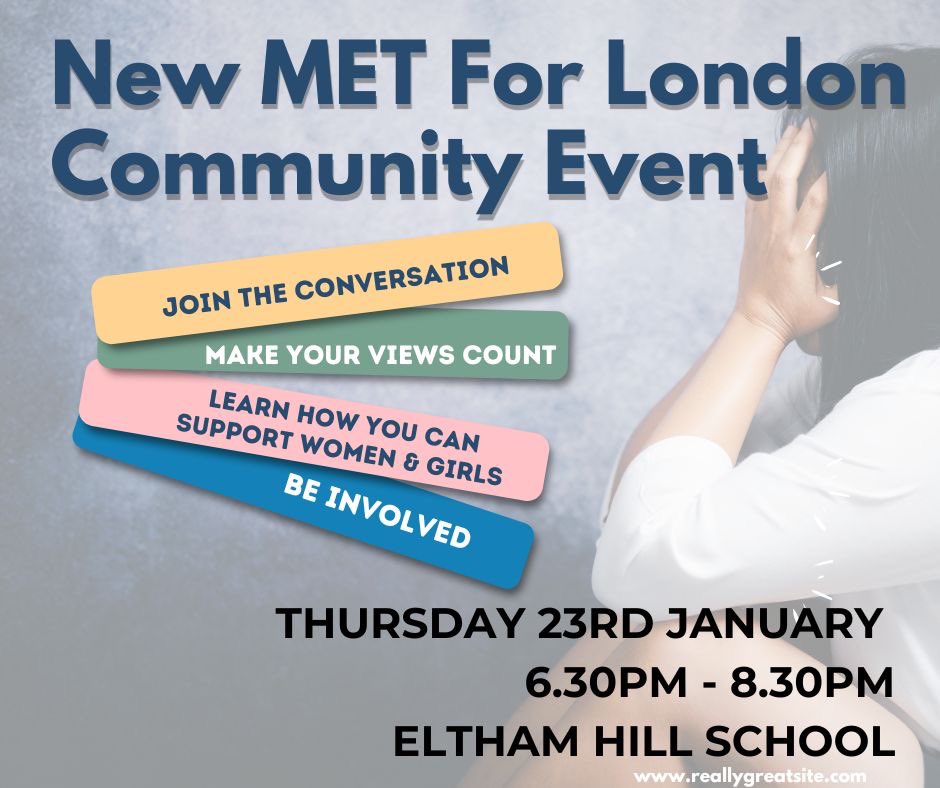 Come along and be part of the conversation in Greenwich about how police are tackling violence against women and girls. 

✅ Thursday 23rd January 
✅ 6.30pm -8.30pm
✅ Eltham Hill School

Book FREE tickets safergreenwich.org/events 

Everyone welcome.
