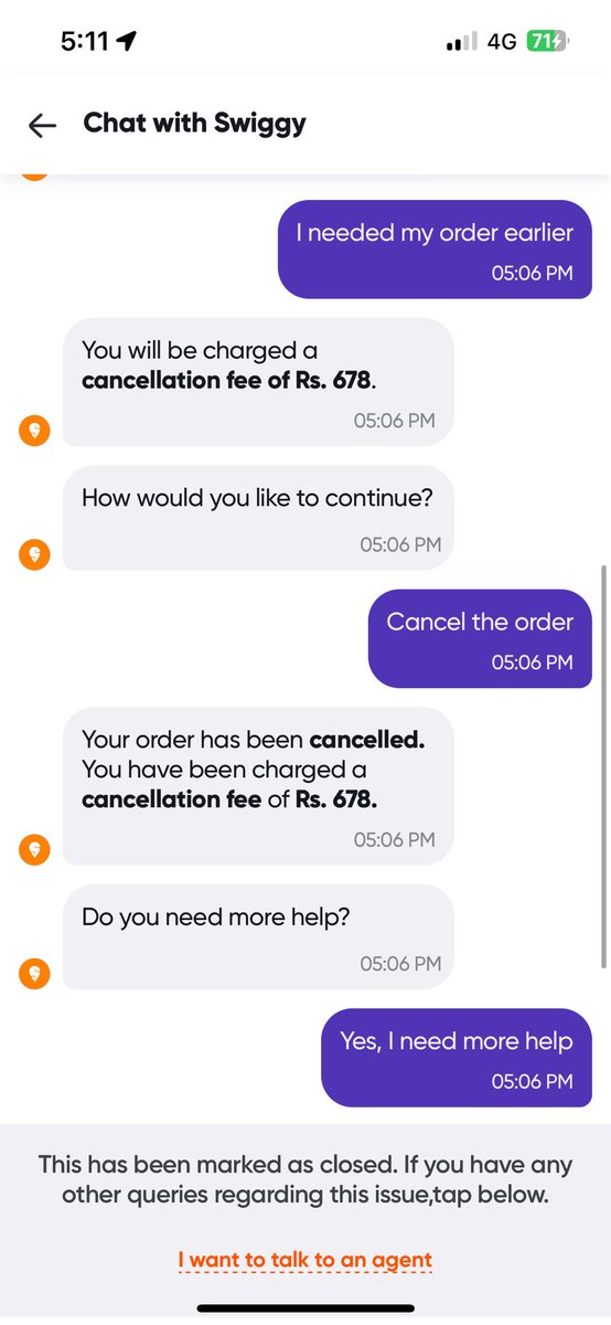 adithya_2312's tweet photo. @SwiggyCares @Swiggy nah fr you guys are scamming customers.  The order was to be accepted after 5:11 pm. Only if the restaurant has started processing you can fine me cancellation fee of 100%   Like what the hell you guys are just looting customer money rn. https://t.co/YHuIMAqeK5
