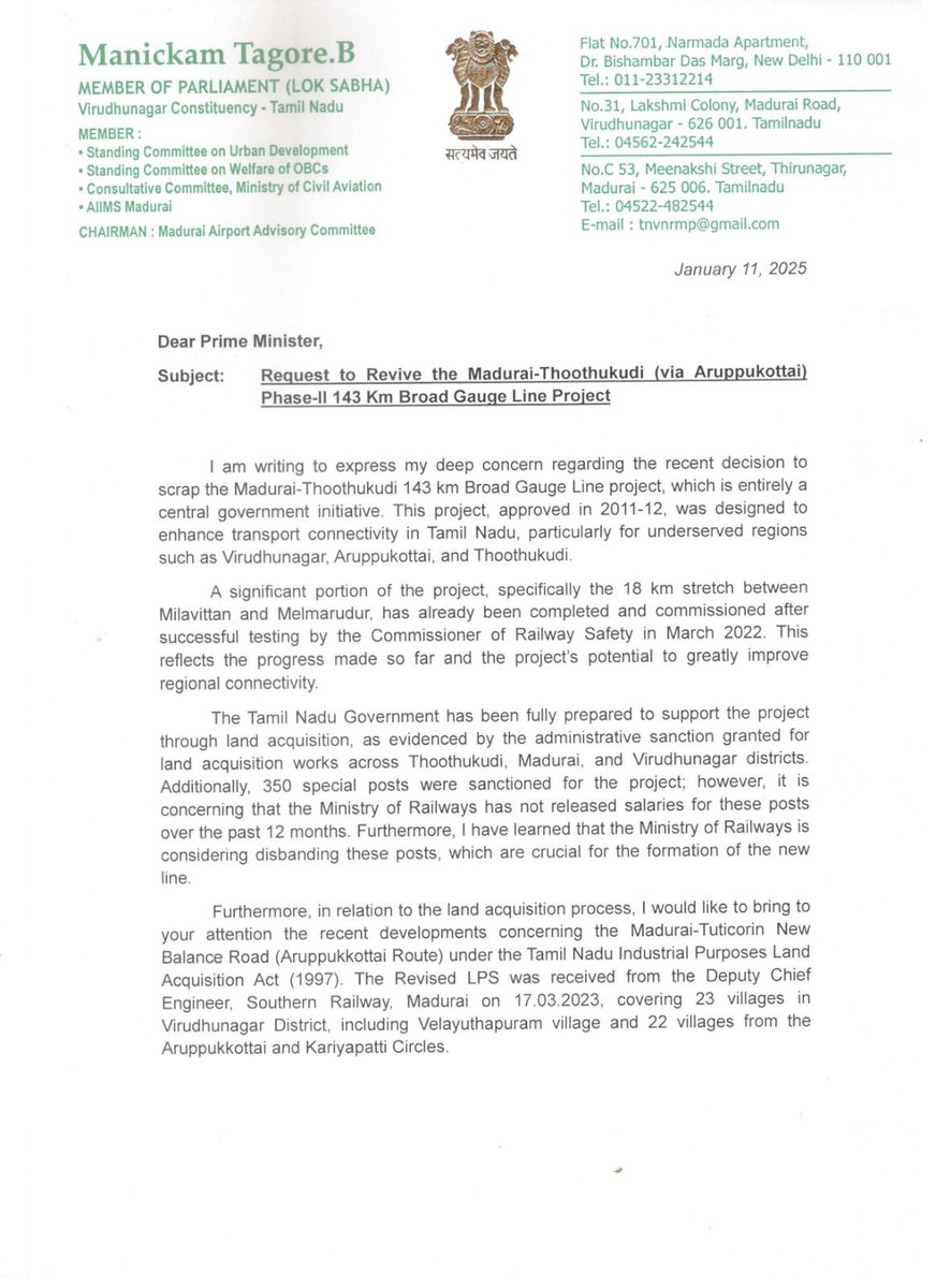 manickamtagore's tweet photo. Requesting Hon’ble PM @narendramodi Ji to intervene in the Madurai-Thoothukudi (via Aruppukottai) Phase-II 143 km Broad Gauge Line project, a critical initiative for TN’s regional connectivity. A significant part is already completed, with full support from the TN Govt for land https://t.co/T4Wx5yF8h1