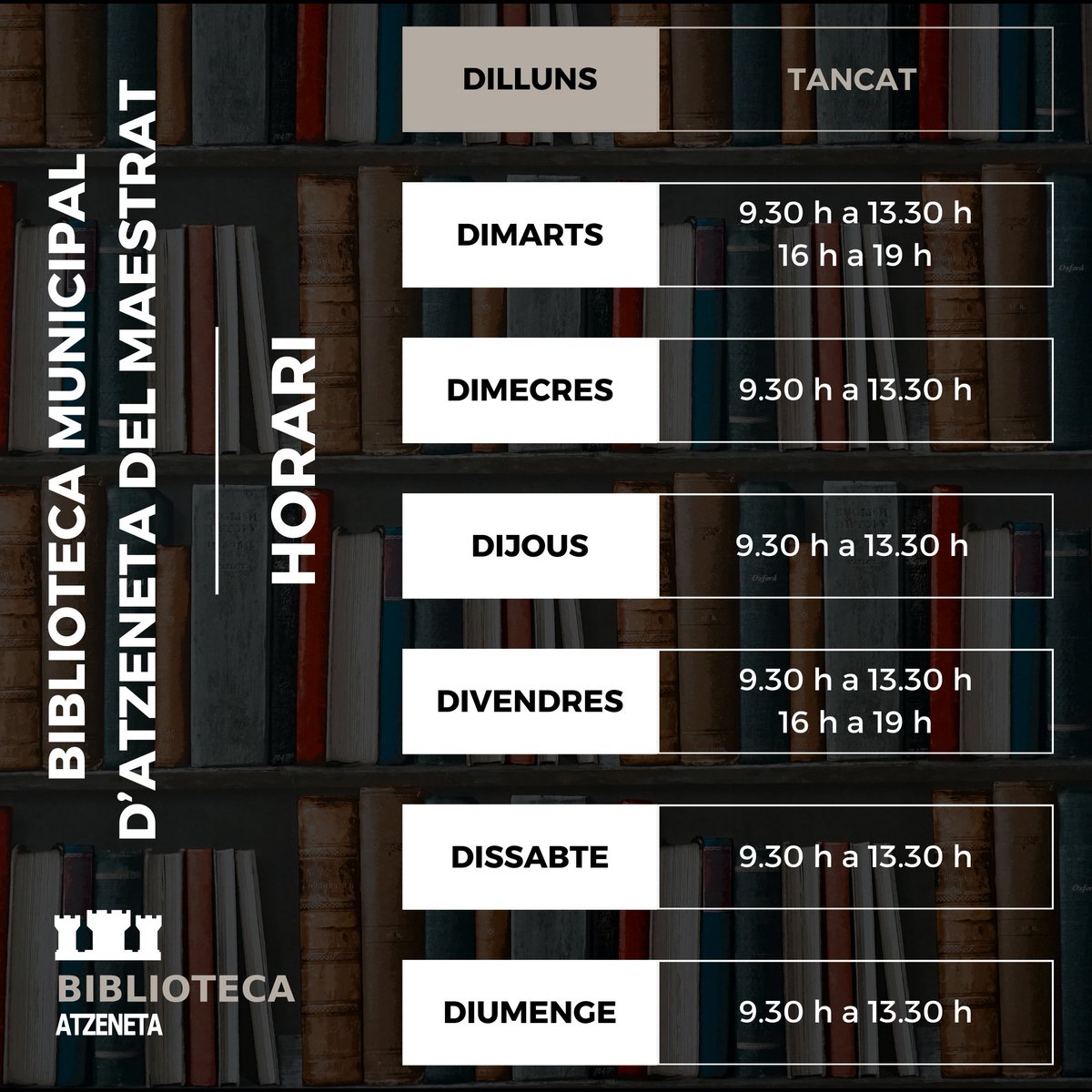 BMAtzeneta's tweet photo. Us informem que a partir d'aquesta setmana, la Biblioteca estarà oberta els dimarts per la vesprada en lloc dels dimecres. https://t.co/5f0DXOLMxh