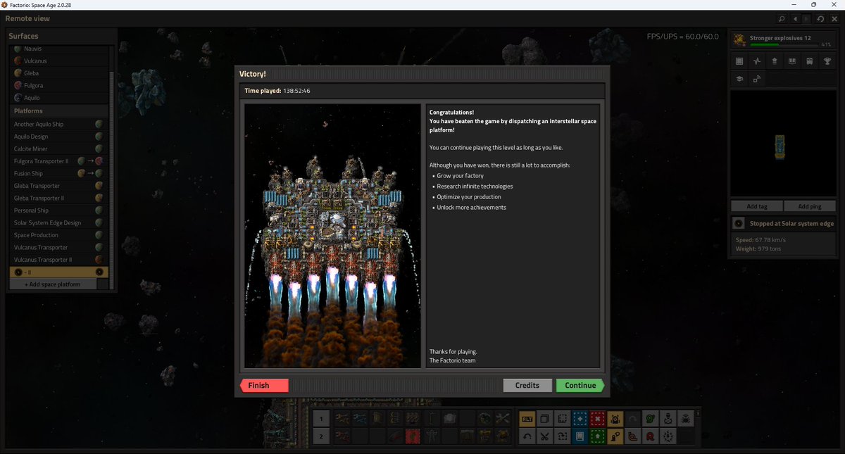 The worst Factorio speedrunner has finally won his Space Age discovery run 🙂
I played without spoilers and designed everything myself.
Now I can say it officially: The expansion is absolutely amazing! Great job <a href="/factoriogame/">Factorio</a>!
#Factorio #FactorioSpaceAge