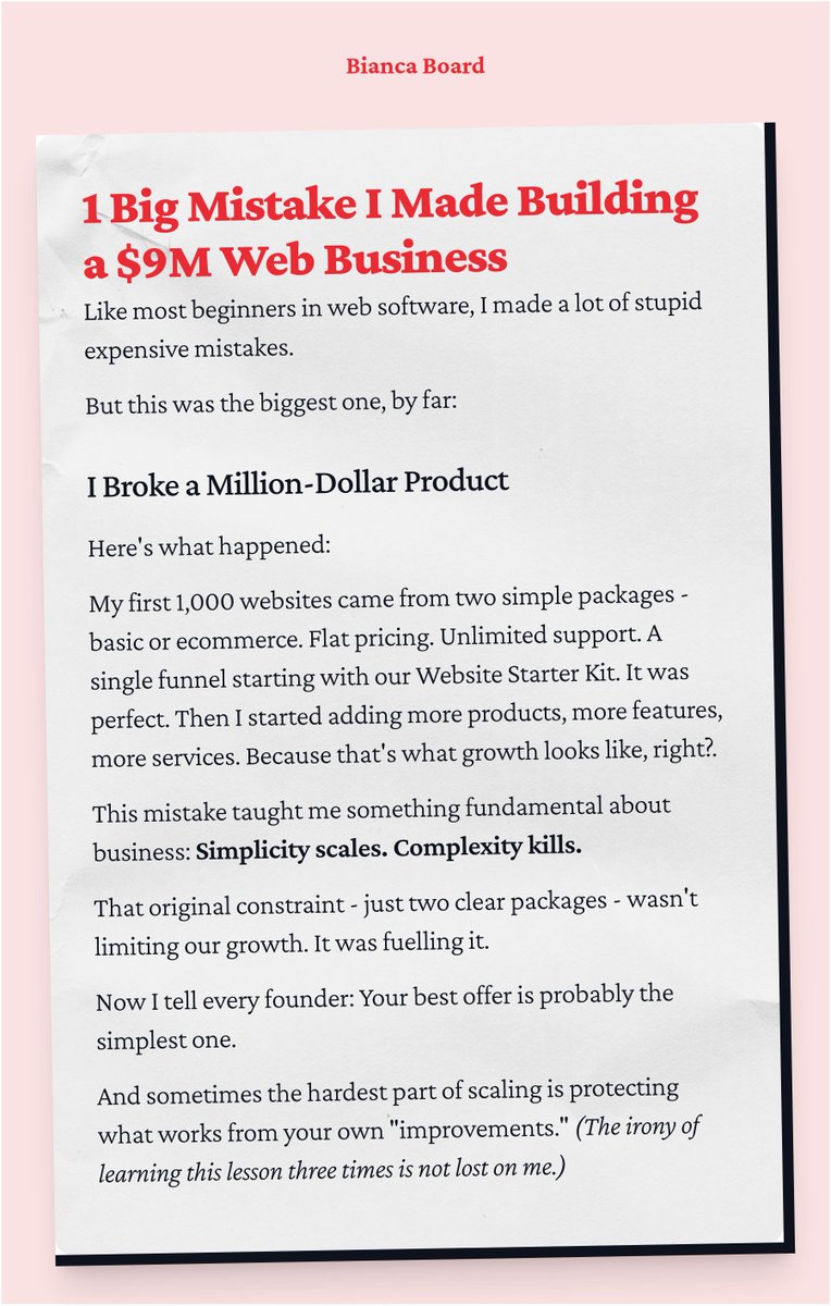 BiancaBoard's tweet photo. 1 Big Mistake I Made Building a $9M Web Business https://t.co/0GEhDolkZ3