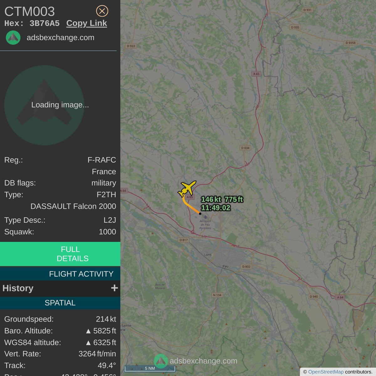FlottePresident's tweet photo. 🛫 Un Dassault Falcon 2000EX 🇫🇷 République Française vient de décoller près de Pau/Pyrénées (Uzein), France.
Vol #CTM003, immatriculation #FRAFC.
Suivre le vol : https://t.co/VFWGrIKKMO https://t.co/YGH87FZom6