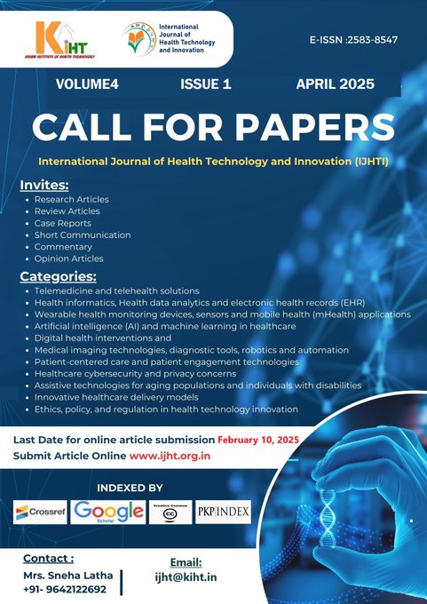 MyResearchJour1's tweet photo. The IJHTI is an open-access, peer-reviewed, and evidence-based scientific journal published by the KIHT, which includes development, evaluation, innovation, improvisation, regulation, and use of health technology.
#Technology #Innovations #OpenAccess #CFP 
https://t.co/AZnXDKq0j2 https://t.co/prhXSoNaNf