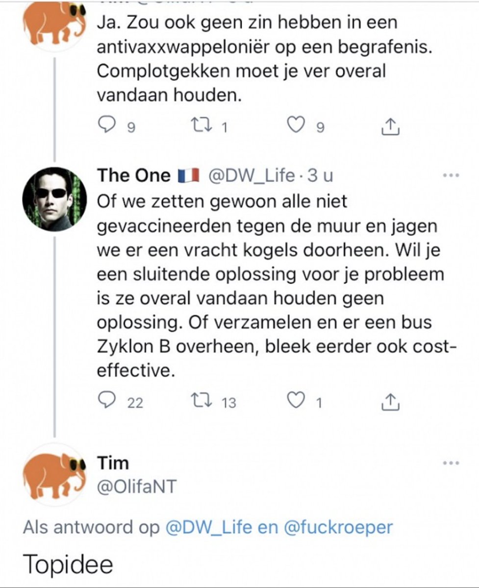 BumblebeeJoe's tweet photo. De ironie. Slechtziend. 

Jij bedoelt toevallig deze @OlifaNT, @vivscontent?

Zo ja, dan vind ik dit prima kunnen. 

Zo ja, dan noem ik dat: "God straft niet onmiddellijk, edoch altijd met enige vertraging."

Zo ja, dan kan ie wat mij betreft creperen, hoop ik dat hij nog een hele lange tijd moet wachten en proost ik daar vanavond uitbundig op. 

En gun ik hem uit de grond van mijn hart nog heel veel #mRNAprikjes. Dat ze hem maar goed mogen bekomen.

Nb. Dit is een van de allergrootste hufters die op dit forum te vinden is. En wat ik hieronder post, is nog een van de minst erge uitspraken.