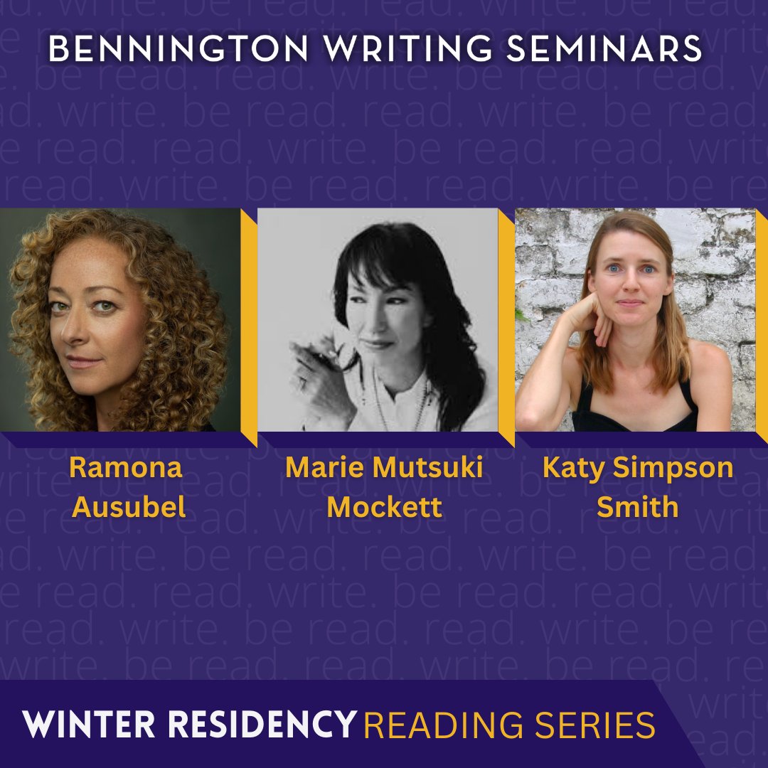 Tonight at 7:00 PM ET! Faculty members Ramona Ausubel, Marie Mutsuki Mockett (MFA '19), and Katy Simpson Smith (MFA '13) will read from their recent work as part of the Writers Reading series: 
ㅤ
bennington.edu/events/2025-01…