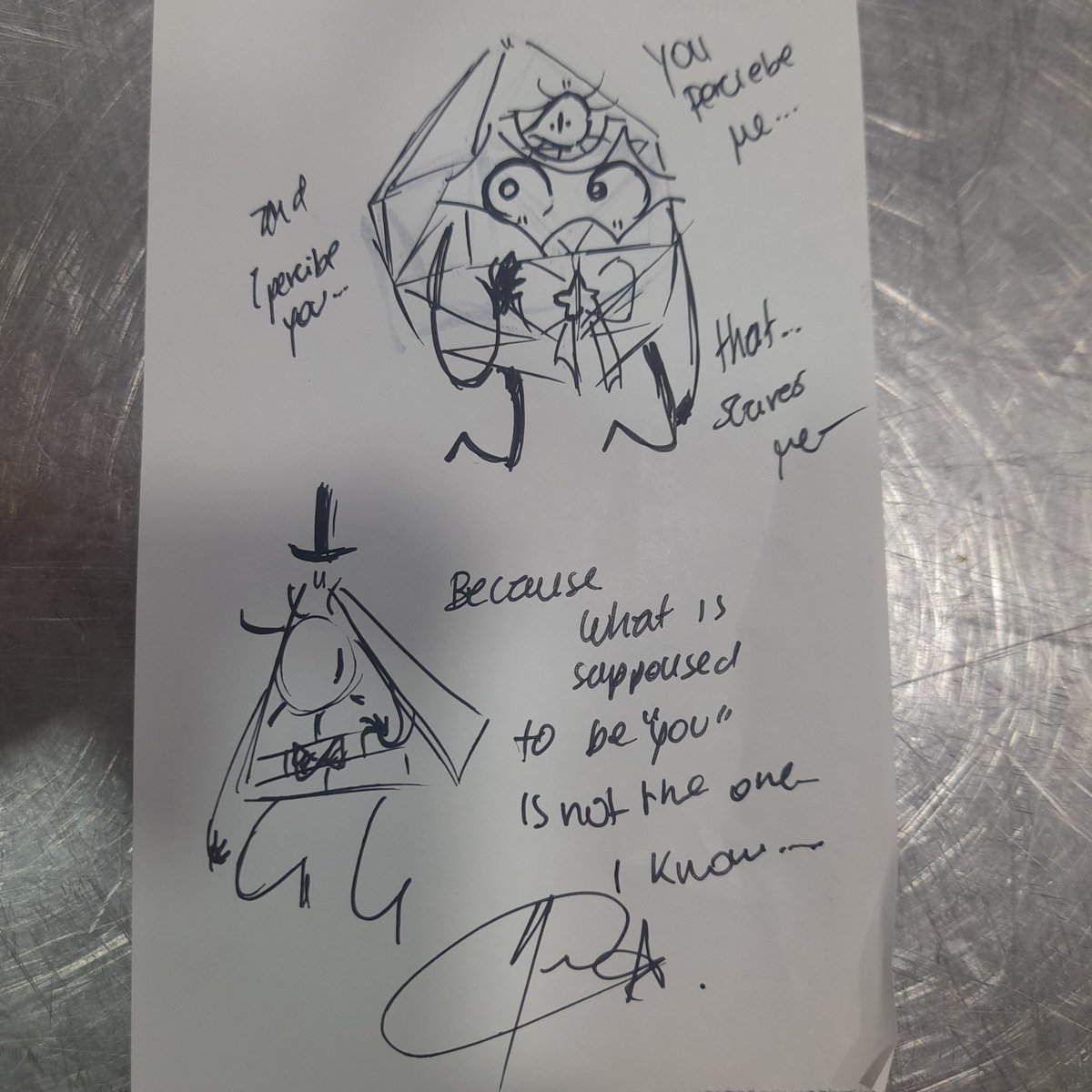 Kingofcoke5's tweet photo. He can see stuff normal People can... 
Like his dad

#doodle #sketch #OrionCipherPines #billford [implied] #BillCipher https://t.co/7NPmsnCgBy