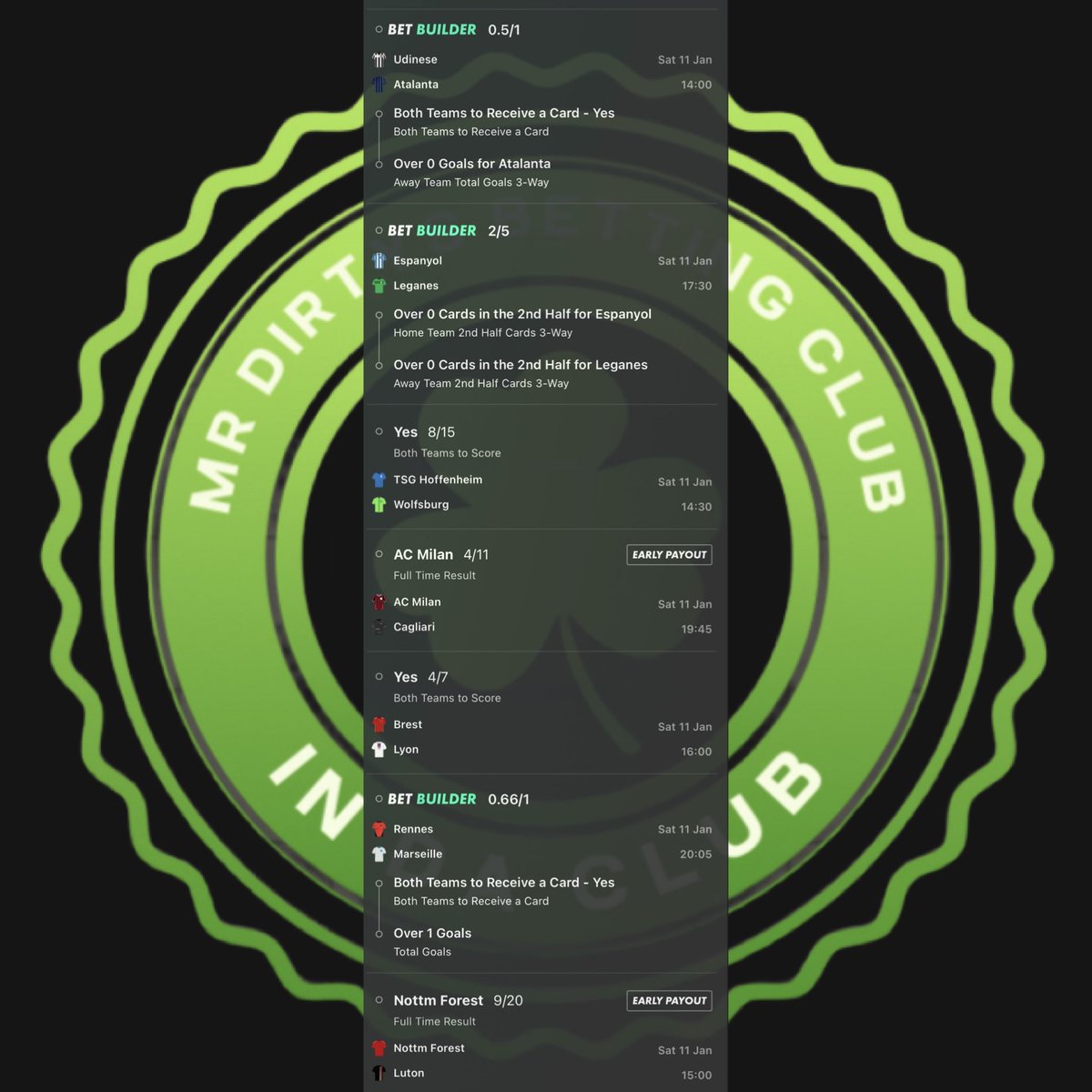 SATURDAY DAY ACCA ⚽️

We are finally back after a long break away from posting .

Let’s hope we can get our first win of the year with this one 🤞☘️

First game starts at 2PM ⏰