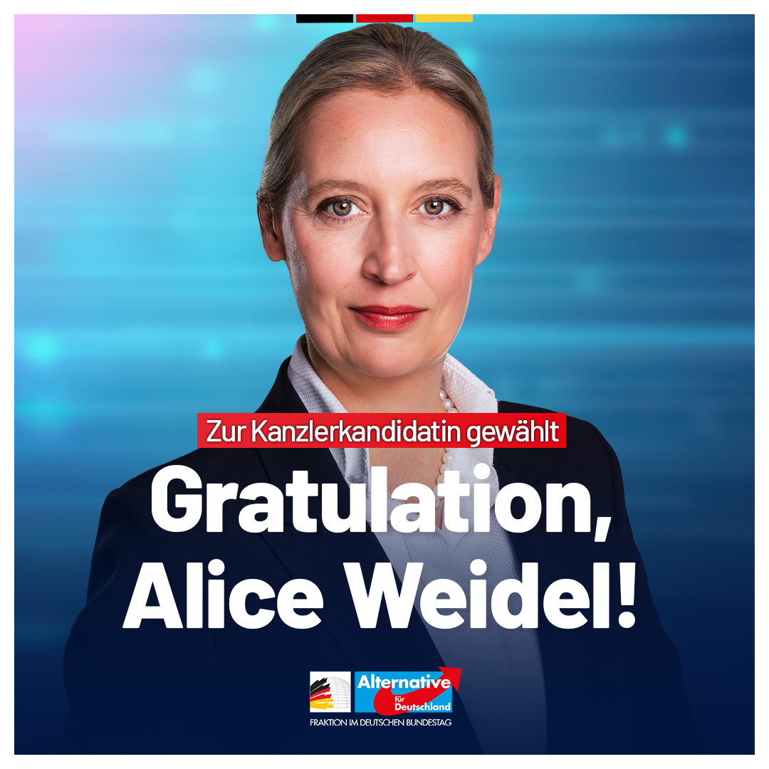 AfDimBundestag's tweet photo. Gratulation, Alice #Weidel!
Unsere Fraktionsvorsitzende ist gerade auf dem Parteitag in #Riesa zur Kanzlerkandidatin der #AfD für die Bundestagswahl gewählt worden. Deutschland braucht einen echten Politikwechsel – die AfD-Fraktion im Deutschen Bundestag ist bereit dafür. 💪 https://t.co/0CScL7xzGY