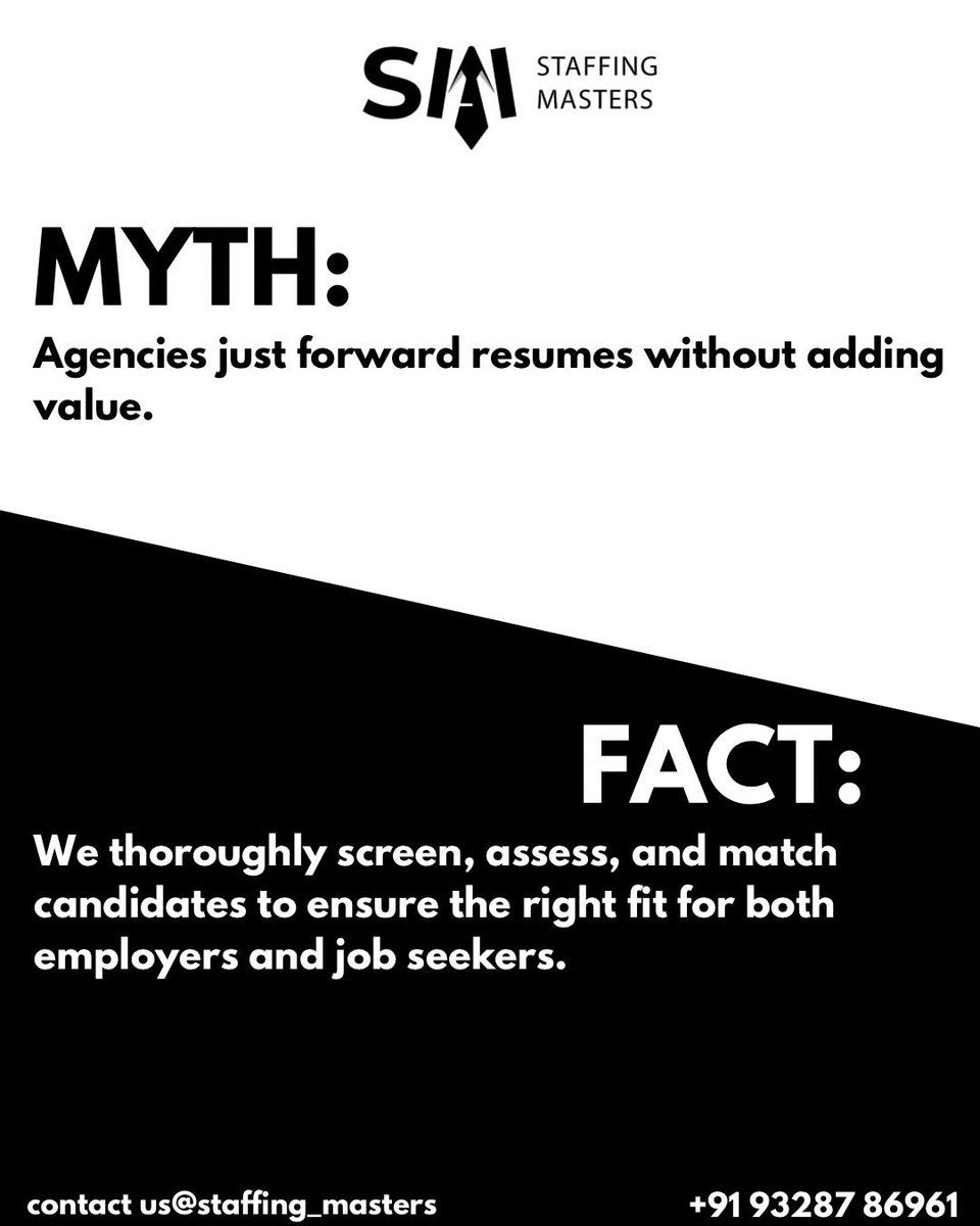 StaffingMasters's tweet image. For more details dm or call us on 
+91 9328786961

#RecruitmentMyths #HiringFacts #JobSearchTips #CareerAdvice #RecruitmentTruths #HiringMythsBusted #JobMarketInsights #HRInsights #JobHuntTips #CareerGrowth #WorkplaceWisdom #RecruitmentAgency #InterviewPrep #JobSeekerSupport