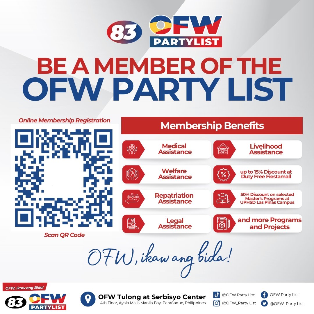 OFW_Partylist's tweet photo. MAGING OPISYAL NA MIYEMBRO NG OFW PARTY LIST – LIBRENG MEMBERSHIP AT CARD!
Nais mo bang maging opisyal na kasapi ng OFW Party List? Iniimbitahan namin kayong magpa-member at maging bahagi ng aming misyon para sa kapakanan at kinabukasan ng bawat OFW at ng kanilang pamilya. Ang pagiging miyembro at ang inyong membership card ay LIBRE para sa lahat ng nais sumali.
Maaari kayong magtungo sa aming tanggapan sa OFW Tulong at Serbisyo Center na matatagpuan sa 4th Floor, Ayala Malls Manila Bay, Parañaque City. Ang aming tanggapan ay bukas mula Lunes hanggang Sabado, mula 10:00 AM hanggang 6:00 PM upang maglingkod sa inyo.
Laging tandaan, sa OFW Party List, kayo ang BIDA!
#OFWPartyList
#OFWIkawAngBIDA
#OFW
#83OFWPartylist