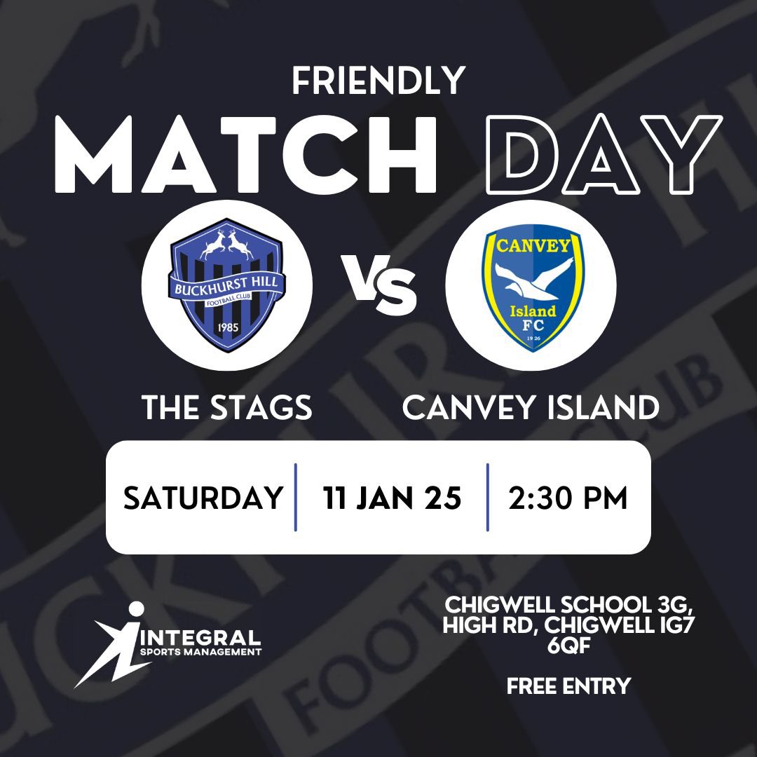 🚨𝗙𝗥𝗜𝗘𝗡𝗗𝗟𝗬 𝗢𝗣𝗣𝗢𝗡𝗘𝗡𝗧 𝗖𝗢𝗠𝗙𝗜𝗥𝗠𝗘𝗗
We can confirm we will face <a href="/CIFC/">Canvey Island FC</a> this afternoon in a friendly at 2:30 PM ⌚️

The game will take place at Chigwell School 3G and it will be 🆓 ENTRY to all fans 🎟️

Make sure to come down and support The Stags 🥁

#COYSTAGS