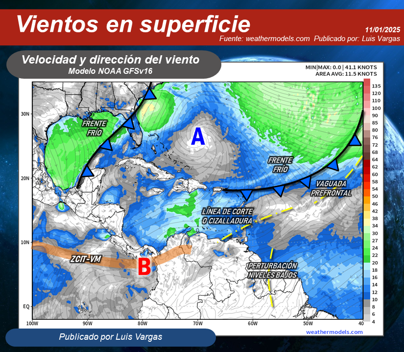 #11Ene Anticiclón con incidencia sobre Venezuela, mantiene condiciones meteorológicas estables, predominando cielo con escasas nubes a despejado sobre buena parte del país (fig.1). Sin embargo, una línea de corte o cizalladura prolongada hasta el noreste del territorio nacional