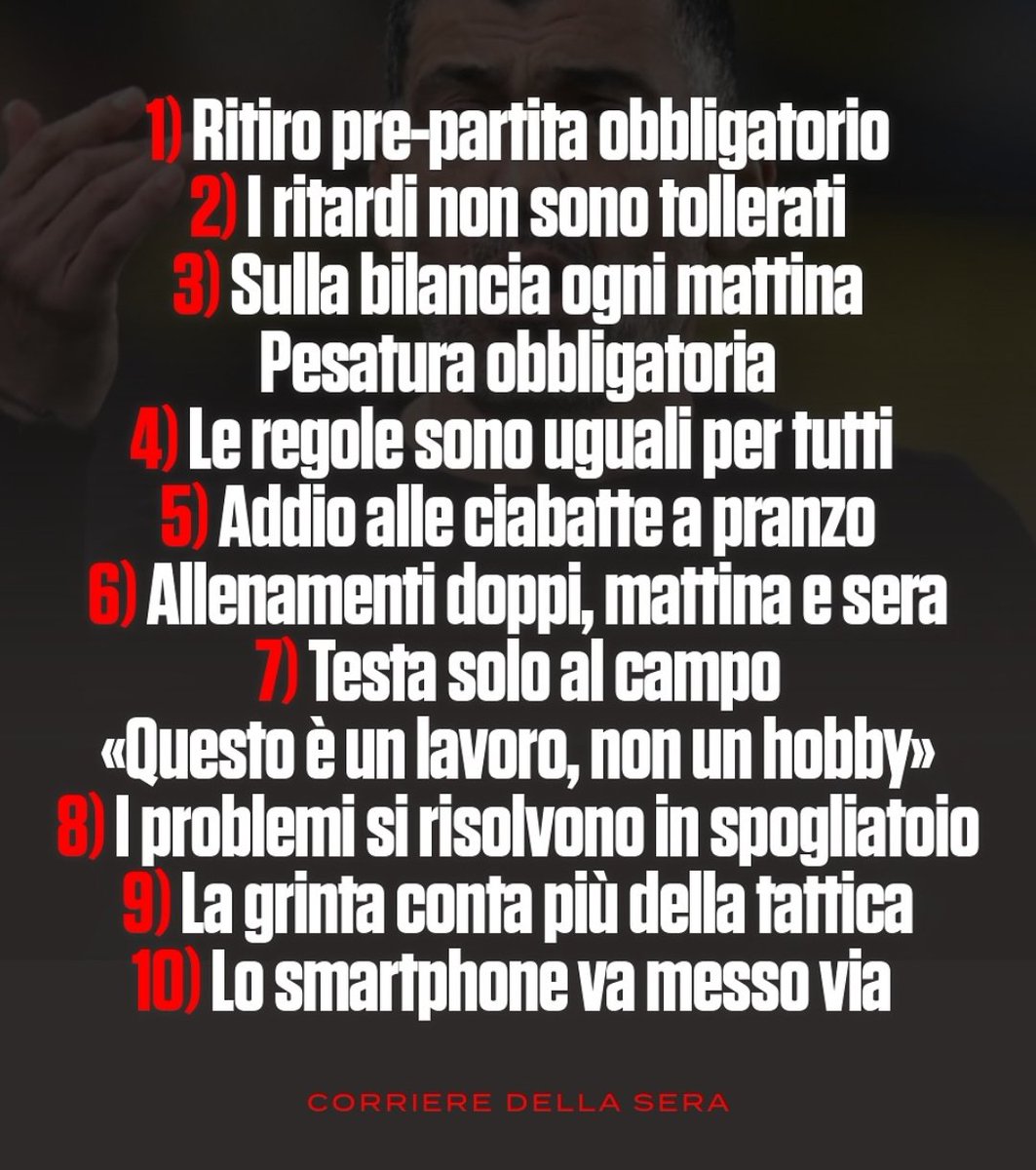 Elprofesor_acm's tweet image. الخلوةالإلزامية قبل المباراة
عدم التسامح مع التأخير
على الميزان كل صباح الوزن الإلزامي
القواعد هي نفسها للكل
وداعا للنعال في الغداء
تمرينات مضاعفةصباحاً ومساء
عليك الحظور إلى معسكر هذه وظيفة وليست هواية
يتم حل المشاكل في غرفة خلع الملابس
العزيمة أهم من التكتيكات
وضع الهاتف جانبا