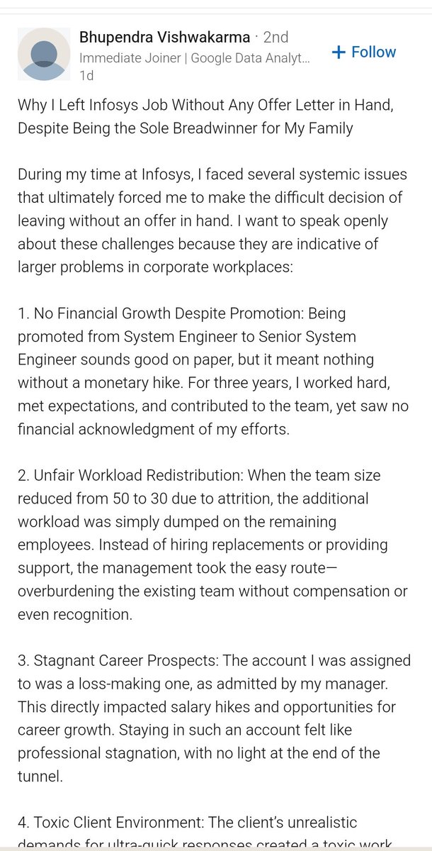 Komal_Stocks's tweet image. #Infosys techie left with unsatisfactory situation with him into organization on #LinkedIn  !! 

Guys that's why financial backup/freedom is must so that nobody can suck your blood. 

Cc:@KomalSecurities 

#Komalsecurities #StockMarket #Investing #Resign #ITSectorSlowDown.