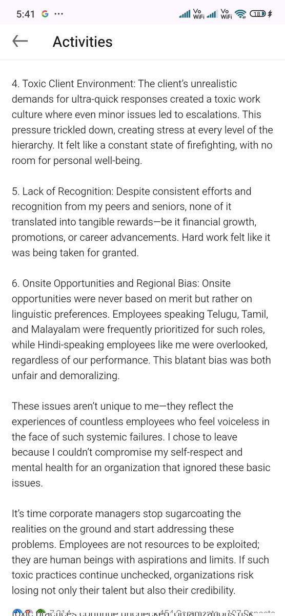 Komal_Stocks's tweet image. #Infosys techie left with unsatisfactory situation with him into organization on #LinkedIn  !! 

Guys that's why financial backup/freedom is must so that nobody can suck your blood. 

Cc:@KomalSecurities 

#Komalsecurities #StockMarket #Investing #Resign #ITSectorSlowDown.