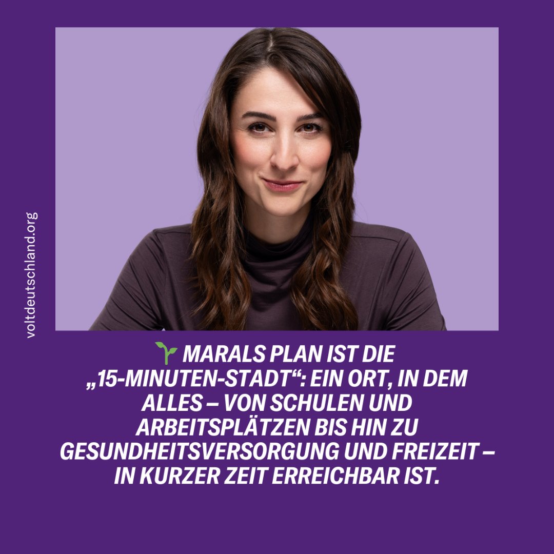 🏙️💜 Die 15-Minuten-Stadt: Alles Wichtige in 15 Minuten erreichbar – zu Fuß oder mit dem Rad 🚶‍♀️🚴‍♂️. Weniger Stress, mehr Lebensqualität &amp; klimafreundlich 🌱✨. Maral &amp; Volt wollen dieses Konzept für Deutschland umsetzen. Hast du davon schon gehört?  #VoltDeutschland #BTW25