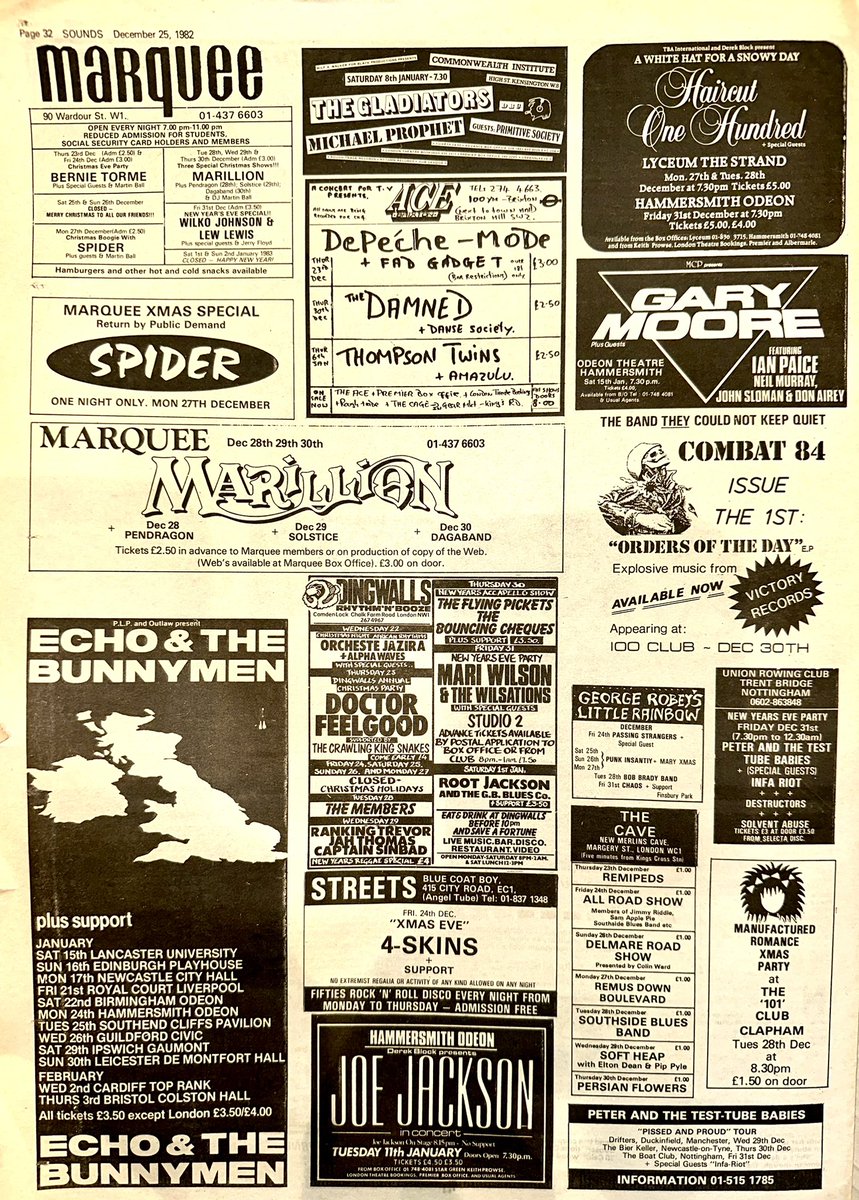 ZoundsAbound's tweet photo. Still a few great shows to see this week, so I will join in with the @bernie_torme Christmas party at the Marquee & go back there again for the New Years Eve party by #WilkoJohnson & #LewLewis.
Finally, #DrFeelgood at Dingwalls
Sounds Dec 25th 1982 https://t.co/ipL7QaLmr0