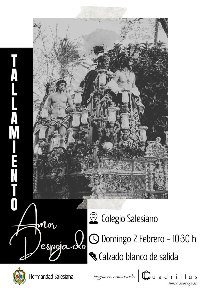CUADRILLA |

🔊 El capataz Joaquín Cortés Molina y su equipo, citan a todos los cargadores actuales y aspirantes al tallamiento de la cuadrilla de cara al próximo Domingo de Ramos.

📆  2 de febrero
⏰ 10:30 horas
📍 Colegio Salesianos

📌 Obligatorio el calzado blanco de salida.