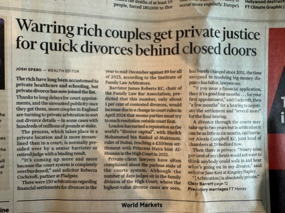 sdhsolicitor's tweet photo. This article highlights growth in parties electing to #arbitrate #divorce due to #familycourt delays. Only this week @MelaniePilmer instructing @SarahTyler3 attended https://t.co/SSJx2vA0lE @29BedfordRow for a 5 day arbitration due to the court having no judge to hear their case! https://t.co/ec4rqOpNv3