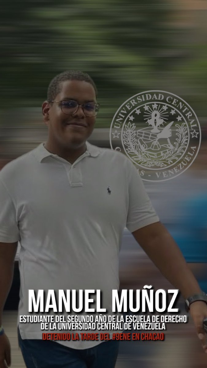 ReporteYa's tweet photo. #11Ene #Detenidos 
El estudiante de la Escuela de Derecho UCV, Manuel Muñoz de 22 años de edad fue detenido dentro del estacionamiento del centro comercial @tusambil en Chacao posterior a la concentración de @MariaCorinaYA 

Sus familiares denuncian desconocer su paradero. - @VivaLaUCV