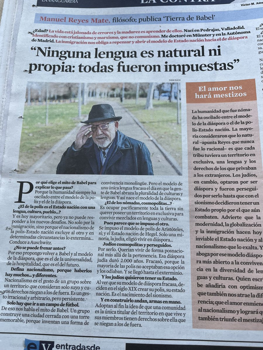 Interesante artículo de @Manuelreyesmate en La Contra <a href="/LaVanguardia/">La Vanguardia</a>  confrontando el modelo social Polis( nacionalista,territorial, lengua, derechos) versus el modelo Diáspora (diversidad, mestizo y global) se habrá de leer su libro  « Tierra de Babel »