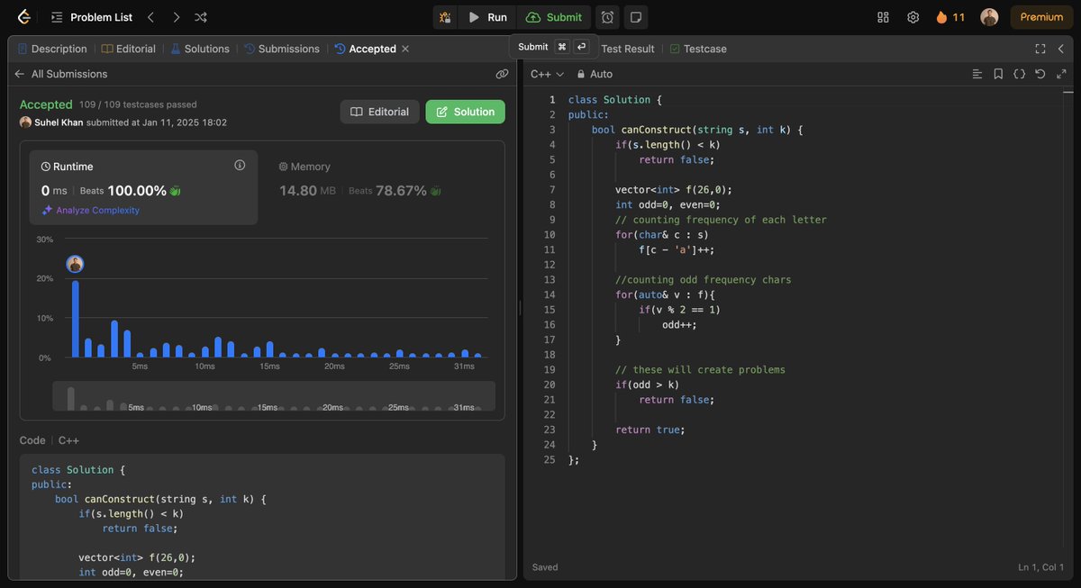 suhel7822's tweet image. Day 11/365 

 🧩 &quot;Construct K Palindrome Strings&quot;  
It had me questioning everything, but after 2 hours (and a fever), finally cracked it.   

Consistency &amp;gt; Comfort! 
 #cpp24  #LeetCode #ProblemSolving #leetcodepotd #100DaysOfCode #365DaysOfDsa #365DaysOfCode #consistencyiskey