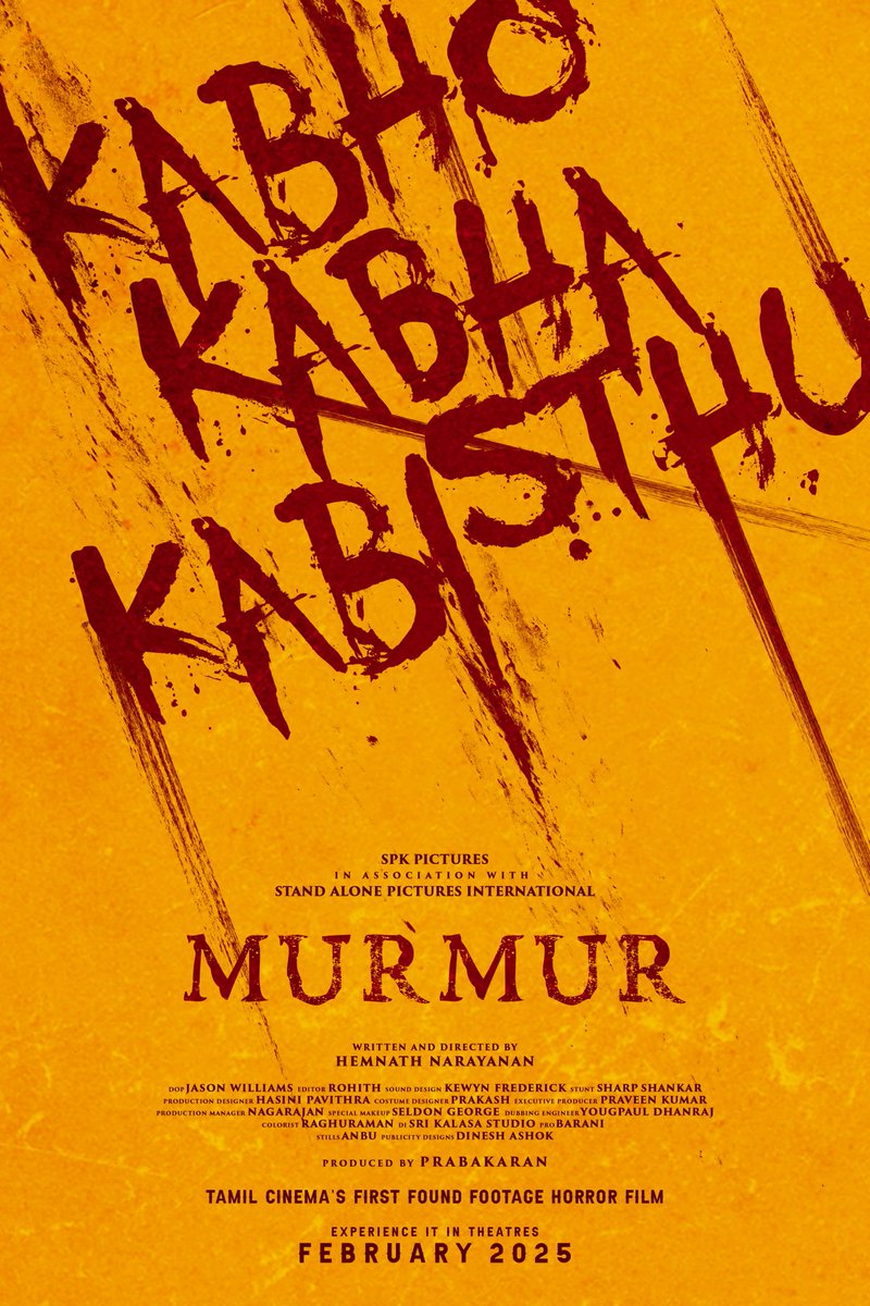 Ramesh Bala (@rameshlaus) on Twitter photo A New Era Of Horror Begins Here!
First look of #MURMUR - Tamil cinema's First Found Footage Horror Film.
Say it loud #Kabhokabhakabisthu ! 💯
<a href="/spkpicture/">SPK Pictures</a> <a href="/standalonepicin/">Stand alone pictures international</a>
<a href="/Hemnathnarayana/">Hemnathnarayanan</a>
<a href="/DOP_Jason_Will/">Jason Williams</a> #EditorRohith <a href="/hasinipavithra1/">hasini pavithra</a> <a href="/ArtistrySeldon/">Seldon Artistry</a> @Veerprakash4 A New Era Of Horror Begins Here!
First look of #MURMUR - Tamil cinema's First Found Footage Horror Film.
Say it loud #Kabhokabhakabisthu ! 💯
<a href="/spkpicture/">SPK Pictures</a> <a href="/standalonepicin/">Stand alone pictures international</a>
<a href="/Hemnathnarayana/">Hemnathnarayanan</a>
<a href="/DOP_Jason_Will/">Jason Williams</a> #EditorRohith <a href="/hasinipavithra1/">hasini pavithra</a> <a href="/ArtistrySeldon/">Seldon Artistry</a> @Veerprakash4