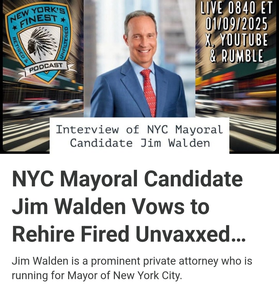 teacher_choice's tweet photo. NYC Mayoral Candidate Jim Walden Vows to Rehire Fired Unvaxxed NYC Workers with Backpay and an Apology
Jim Walden is a prominent private attorney who is running for Mayor of New York City. He has just become the first candidate seeking the City’s highest office to call for fired unvaccinated workers to be reinstated with backpay, and an apology.
Walden reached out to leaders in the NY WORKERS FOR CHOICE movement, asked for our suggestions, and took much of our advice on the statement he prepared.
His statement should serve as the standard that everyone seeking office in NYC should work from. If Curtis Sliwa announces he is running for Mayor, I hope he will have a similar statement and look forward to reading it.
Walden went on retired NYPD Lieutenant John Macari’s podcast The Finest Unfiltered for a long-form discussion about his bid for mayor. The interview was over 2 hours long, and can be found kinked below in the comments.
Walden spoke about many issues, including the censorship he has experienced from Elon Musk on X (formerly Twitter) allegedly over lawsuits Walden had filed surrounding Saudi Arabia. Walden is currently suing Musk and X over this.
Ger more info below in the comments: