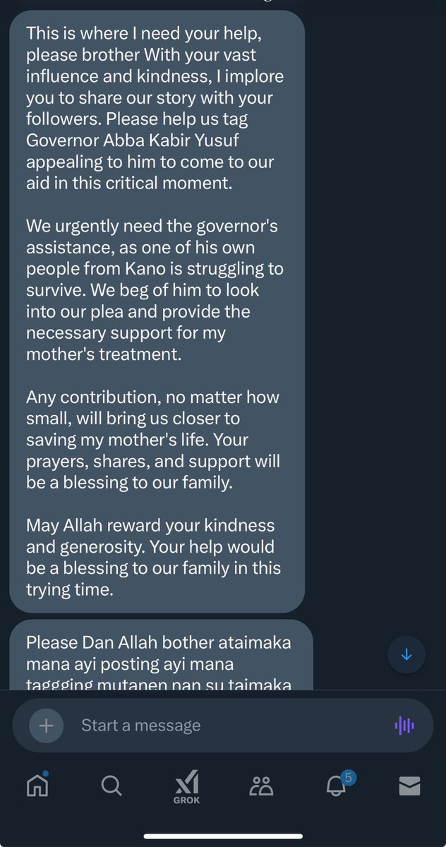 Sarki. (@waspapping_) on Twitter photo Salam, please spare a minute to read and retweet for the sake of Allah until it reaches the Kano State Governor, <a href="/Kyusufabba/">Abba Kabir Yusuf</a>.
A lady reached out to me, explaining that their mother is battling cancer in Kano State and urgently needs support.
Any assistance, no matter how Salam, please spare a minute to read and retweet for the sake of Allah until it reaches the Kano State Governor, <a href="/Kyusufabba/">Abba Kabir Yusuf</a>.
A lady reached out to me, explaining that their mother is battling cancer in Kano State and urgently needs support.
Any assistance, no matter how