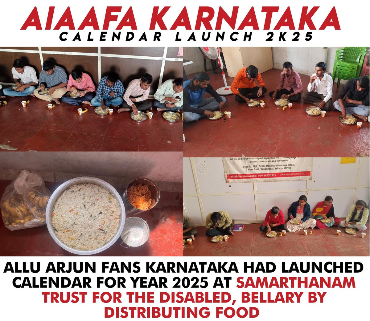 IamSunilArya's tweet photo. Here We go 2K25 Calender from Allu Arjun Karnataka Fans 🔥🔥

Team launched 2K25 calendars In Samarathanam Trust Bellary by distributing Food ❤️

@AIAAFAKarnataka @alluarjun https://t.co/FMWM6rUzRo