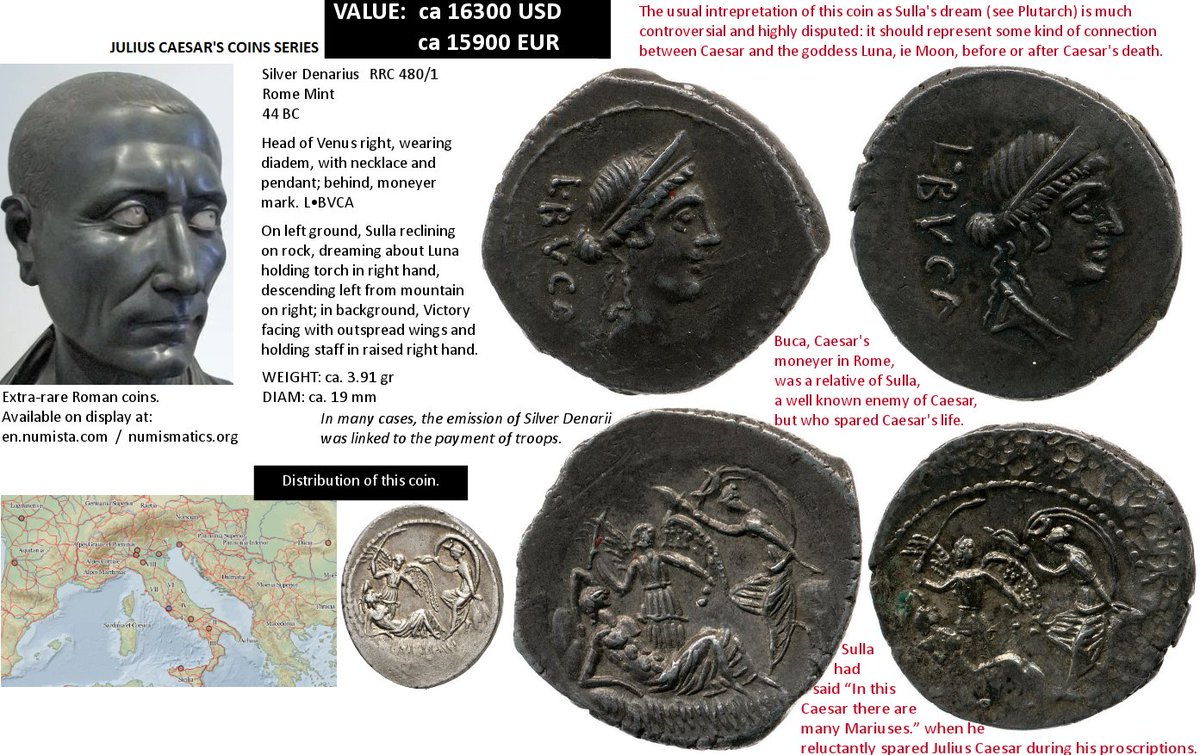 caesararchaeo's tweet photo. #CaesarCoinsSeries
#Rome44BC
Silver Denarius
Series 480/1
Much disputed extrarare coin: #Sulla dream (#Buca moneyer was his relative) or victorious #Caesar connection with #Moon goddess #Luna? Or memory of #Sulla sparing young #Caesar life & C then won?
#modernvalue ca 16300 USD! https://t.co/Dt9aHD9kDp