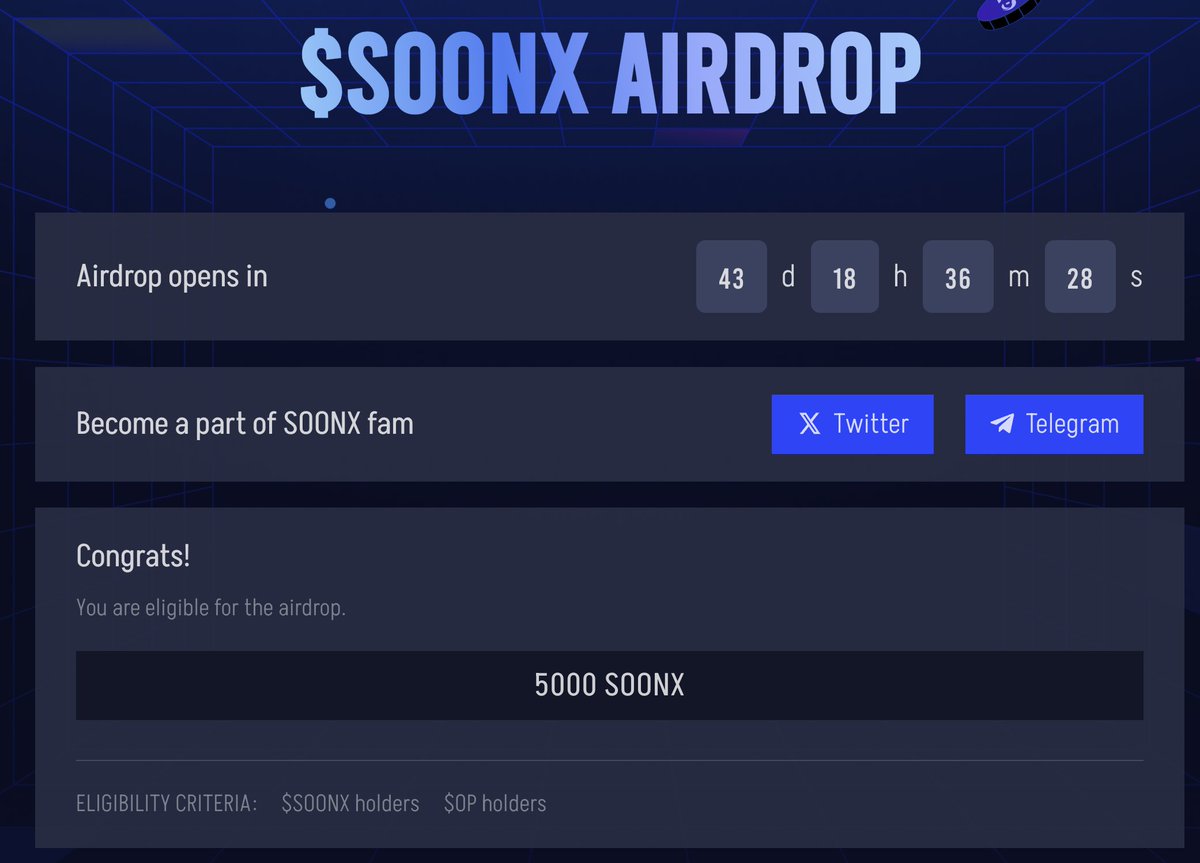 🎁Airdrop for $OP Holders!

🌟 Soonchain is rewarding $OP holders with a generous $11 airdrop in $SOONX tokens! 🎉

📅 Snapshot taken on Jan 8, 2025. Current token value: $0.0022.

🔗 check 𝘆𝗼𝘂𝗿 𝗮𝗶𝗿𝗱𝗿𝗼𝗽 𝗵𝗲𝗿𝗲: soonchain.ai/airdrop
🕒 Claim Will be open in 44