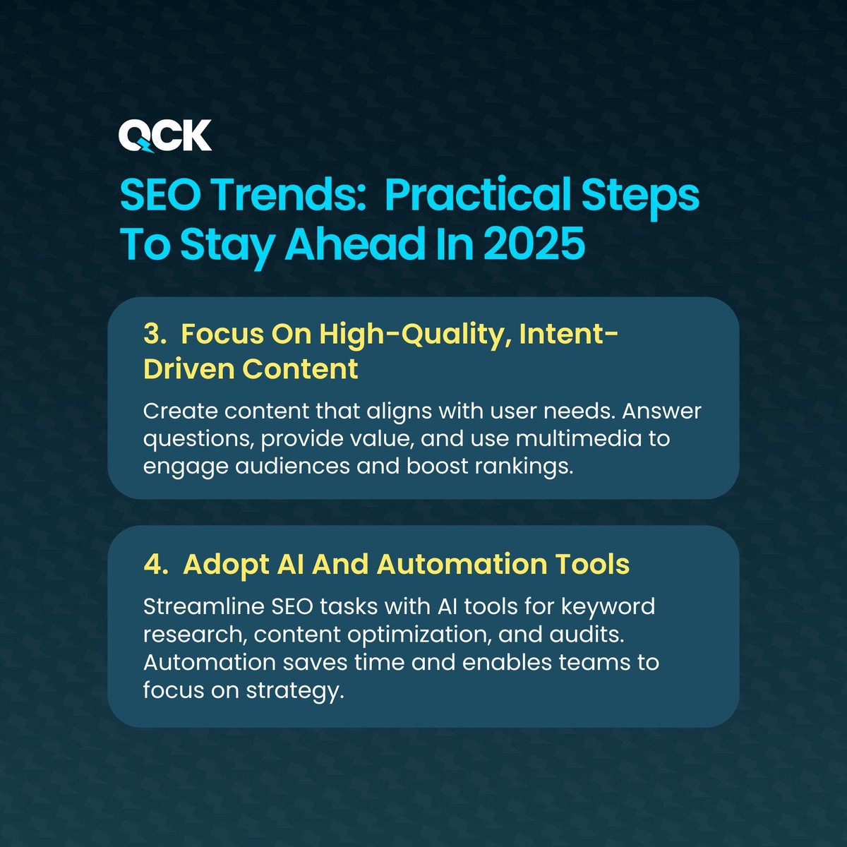 QCK_SEO's tweet photo. 🚀 Is your SEO ready for 2025?

From AI to voice search, staying ahead means adapting to key trends. Swipe through for tips to future-proof your strategy!

📖 Full blog: https://t.co/AggooNRMDY
🎓 Sign up for our FREE SEO course: https://t.co/6mvJuCmJfF

#SEO #DigitalMarketing https://t.co/G0oxDiiVvb