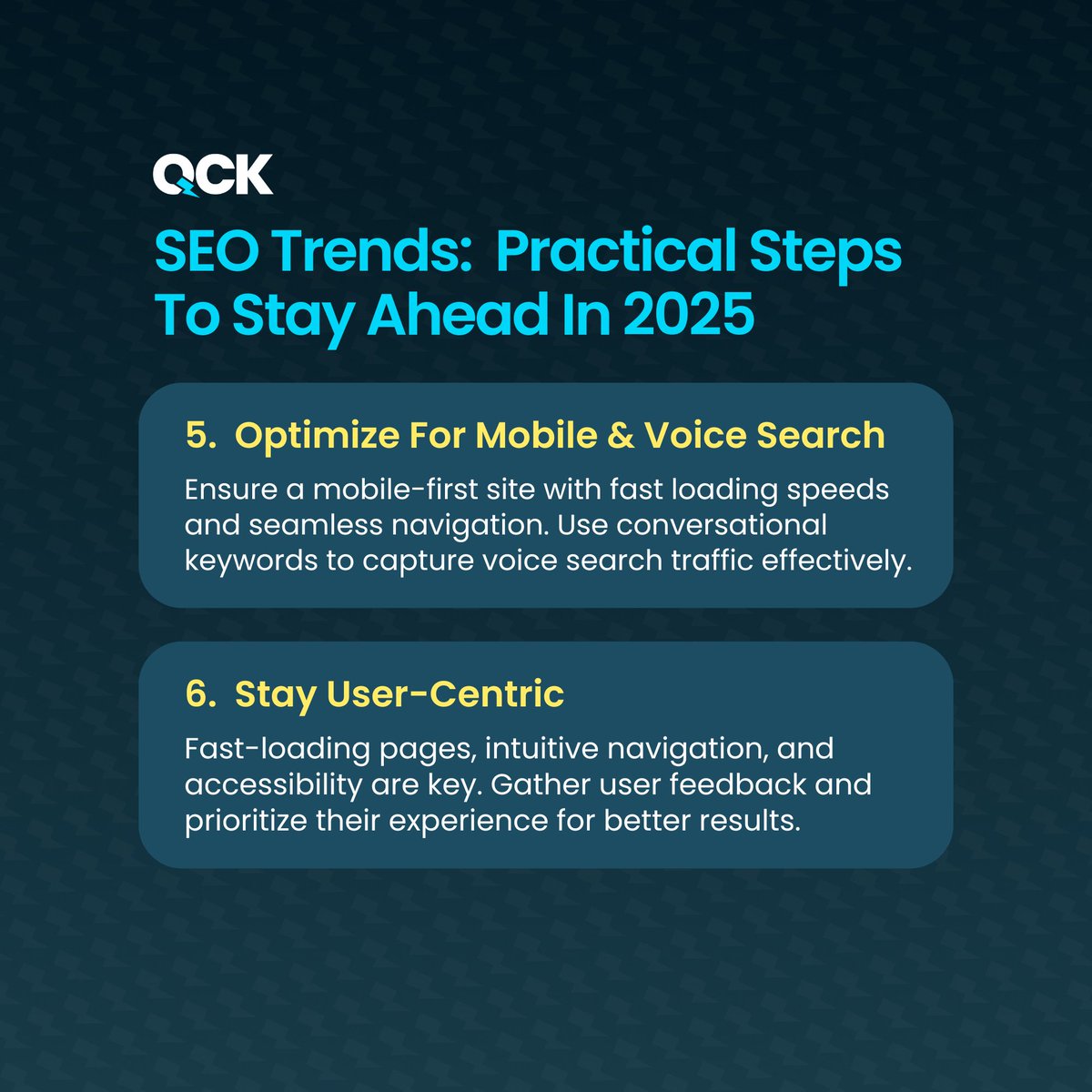 QCK_SEO's tweet photo. 🚀 Is your SEO ready for 2025?

From AI to voice search, staying ahead means adapting to key trends. Swipe through for tips to future-proof your strategy!

📖 Full blog: https://t.co/AggooNRMDY
🎓 Sign up for our FREE SEO course: https://t.co/6mvJuCmJfF

#SEO #DigitalMarketing https://t.co/G0oxDiiVvb