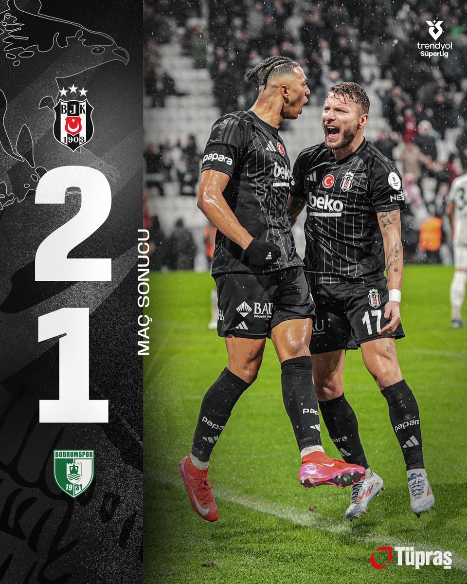 Besiktas's tweet photo. MAÇ SONUCU | Trendyol Süper Lig'in 19. haftasında Sipay Bodrum FK'yı 2-1 mağlup ediyoruz. 💪

⚽ 32’ Cher Ndour
⚽ 40’ Ciro Immobile

#KenetlenBeşiktaş 🦅 https://t.co/rRXwih1U85